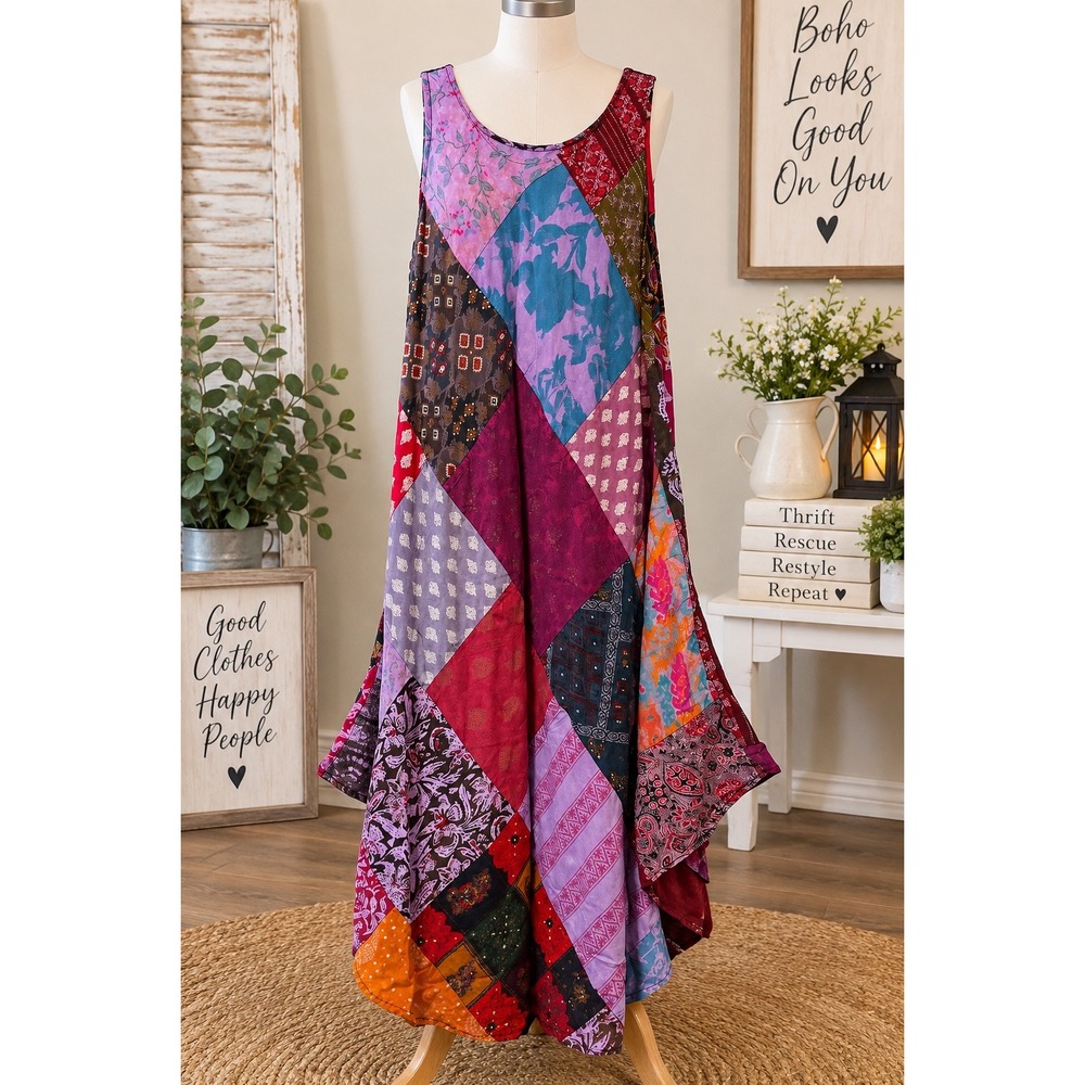 Women's Boho Patchwork Handkerchief Hem Maxi Dress XL Multicolor Sleeveless